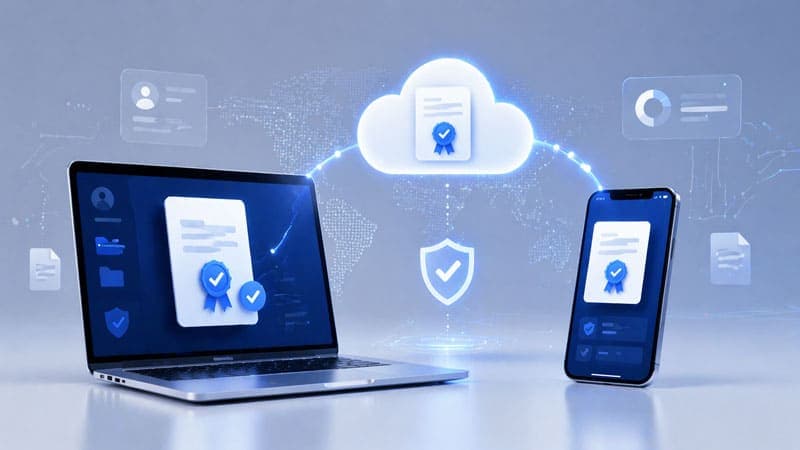 Ilustração de certificado digital A1 sendo utilizado em notebook e celular