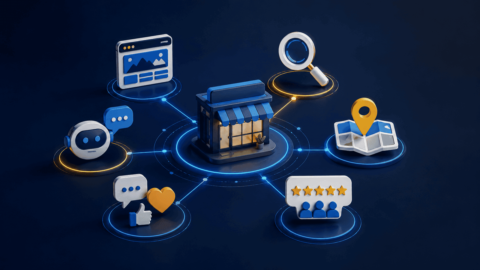 Representação de uma empresa conectada a diferentes canais de pesquisa digital
