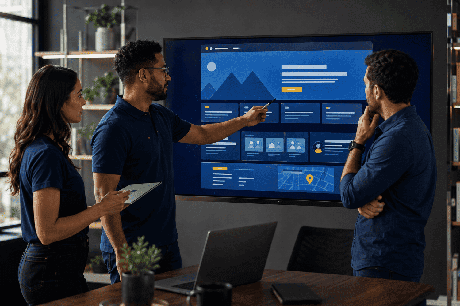 Equipe revisando em conjunto as informações públicas de uma empresa em seu site