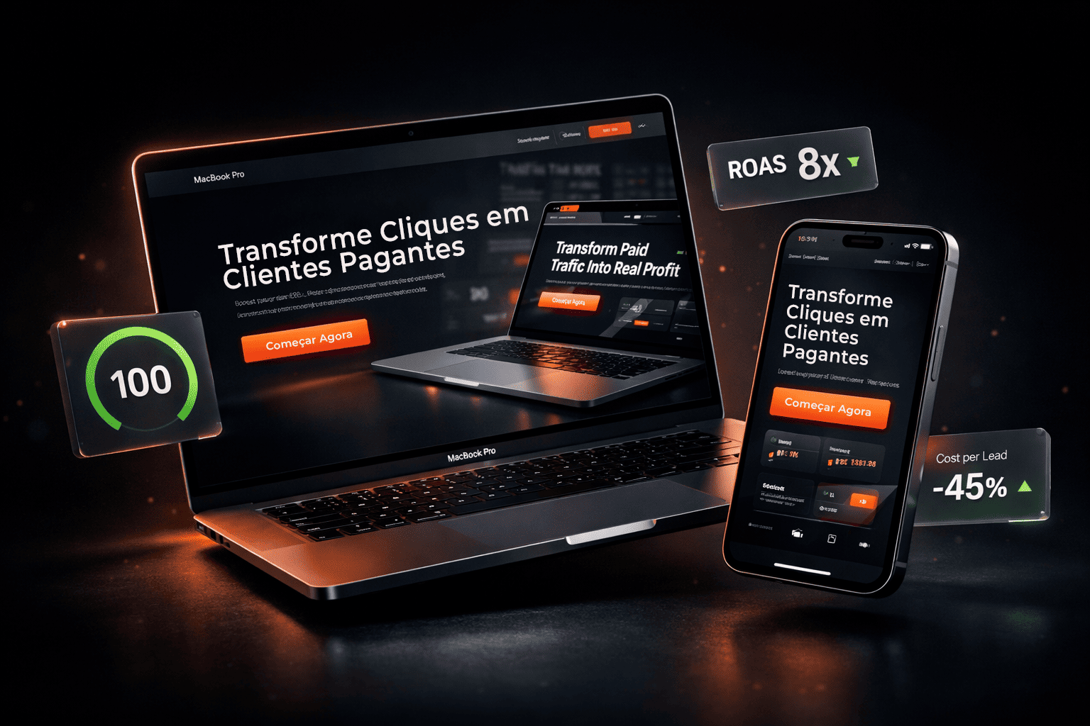 Mockup de Landing Page de Alta Performance com indicadores